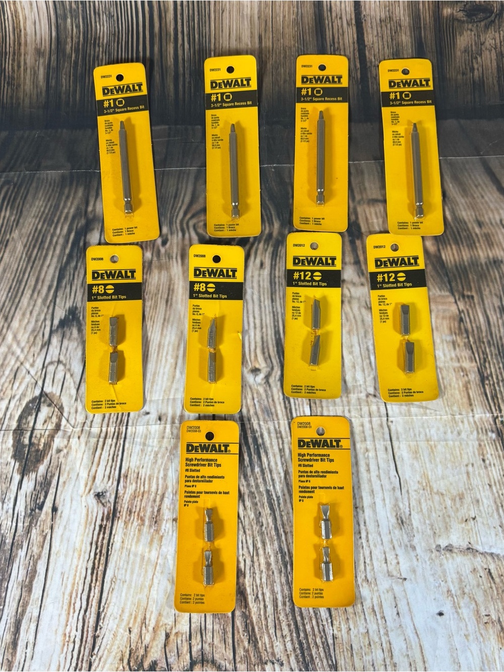 New Dewalt Bit Lot Of 10; 4 #1 Square Recess; 2 #12 Slotted; 4 #8 Slotted